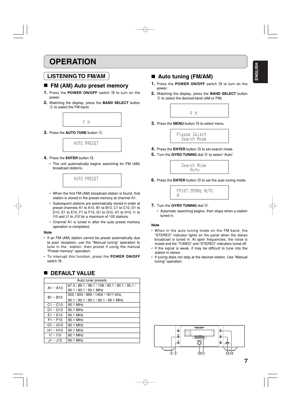 Operation, 7 auto tuning (fm/am), 7 default value | Marantz ST-15S1 User Manual | Page 10 / 26