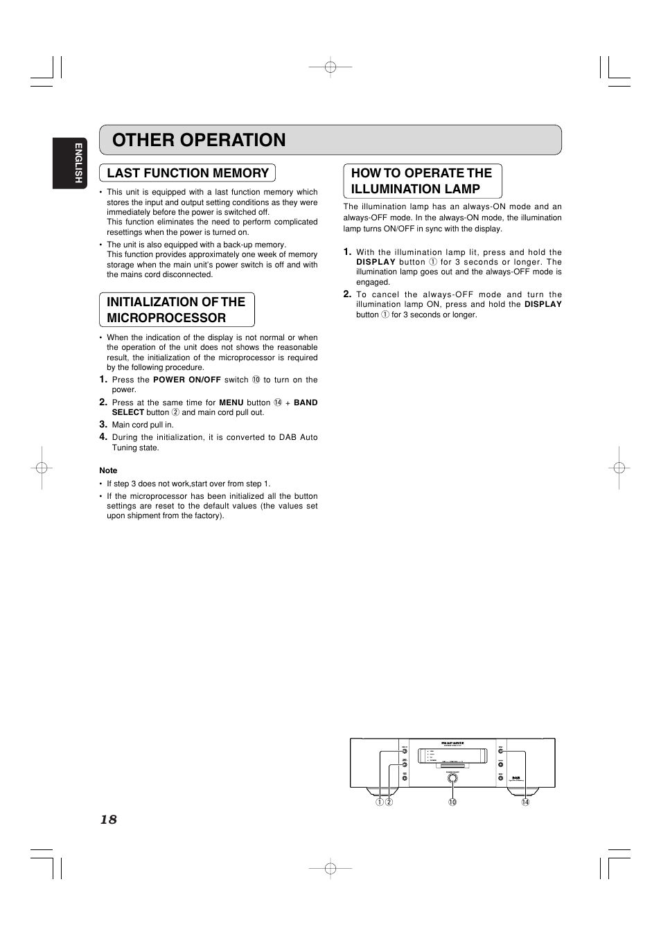 Other operation, Initialization of the microprocessor, How to operate the illumination lamp | Marantz ST-15S1 User Manual | Page 21 / 26