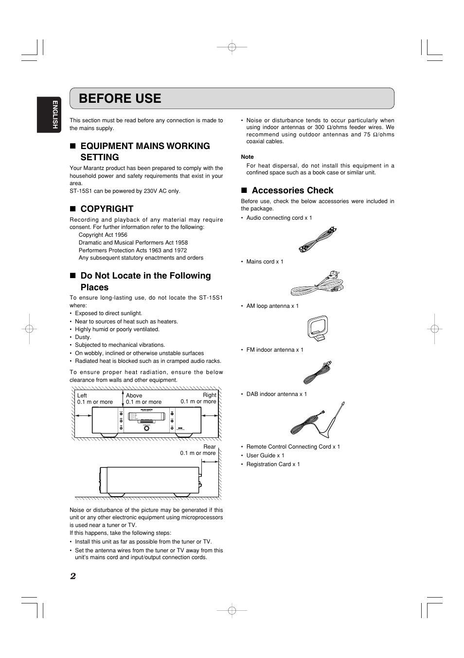 Before use, 7 equipment mains working setting, 7 copyright | 7 do not locate in the following places, 7 accessories check | Marantz ST-15S1 User Manual | Page 5 / 26