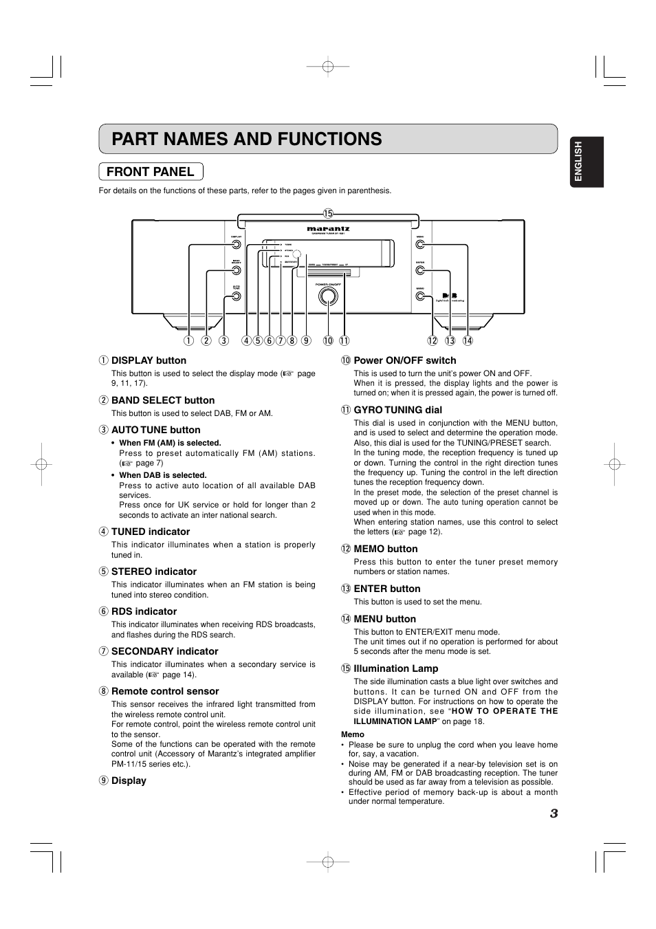 Part names and functions, Front panel, Q display button | W band select button, E auto tune button, R tuned indicator, T stereo indicator, Y rds indicator, U secondary indicator, I remote control sensor | Marantz ST-15S1 User Manual | Page 6 / 26