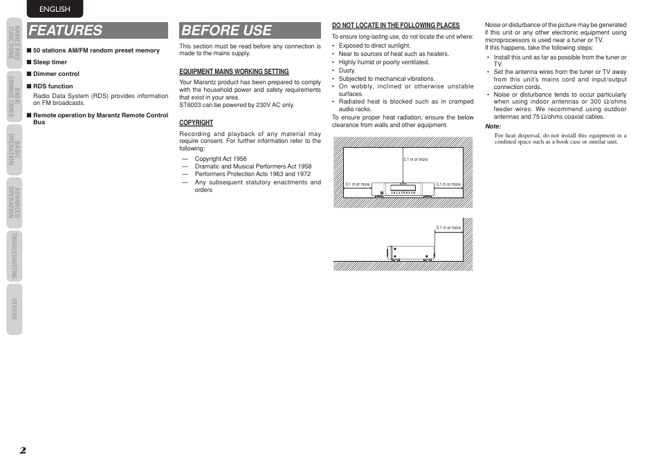 Features, Before use, Tuner st6003 | Marantz ST6003 User Manual | Page 7 / 17