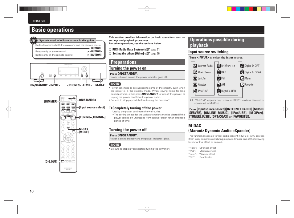 Basic operations, Operations possible during playback, Preparations | Input source switching, M-dax (marantz dynamic audio expander), Turning the power on, Turning the power off | Marantz NA7004 User Manual | Page 16 / 46