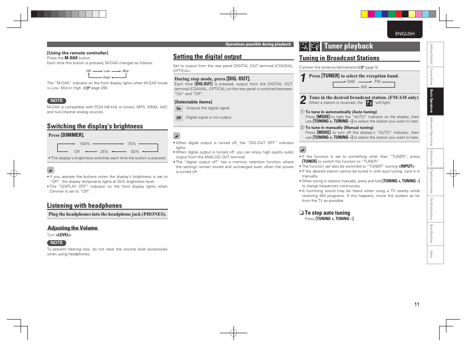 Tuner playback, Switching the display’s brightness, Listening with headphones | Tuning in broadcast stations, Setting the digital output | Marantz NA7004 User Manual | Page 17 / 46