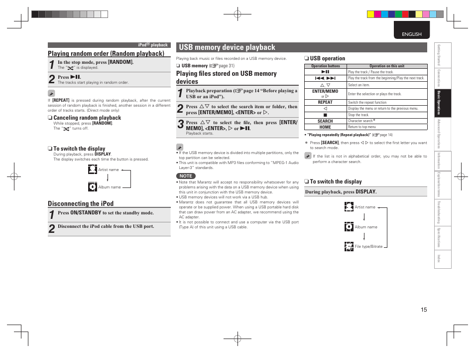 Playing random order (random playback), Disconnecting the ipod | Marantz NA7004 User Manual | Page 21 / 46