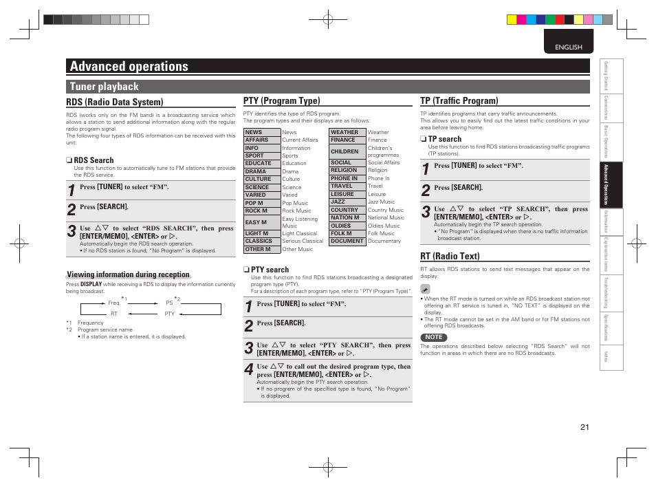 Advanced operations, Tuner playback, Pty (program type) | Rds (radio data system), Tp (trafﬁ c program), Rt (radio text) | Marantz NA7004 User Manual | Page 27 / 46