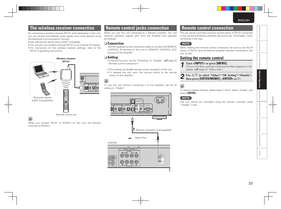 The wireless receiver connection, Remote control jacks connection, Remote control connection | Setting the remote control, N connection, N setting | Marantz NA7004 User Manual | Page 29 / 46