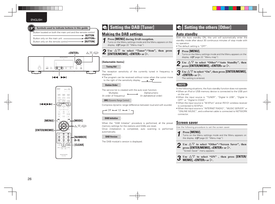 Setting the dab [tuner, Setting the others [other, Making the dab settings | Auto standby, Screen saver | Marantz NA7004 User Manual | Page 32 / 46