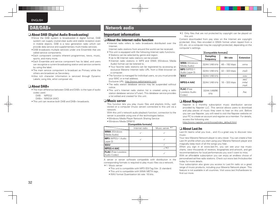 Dab/dab, Network audio, Important information | Marantz NA7004 User Manual | Page 38 / 46