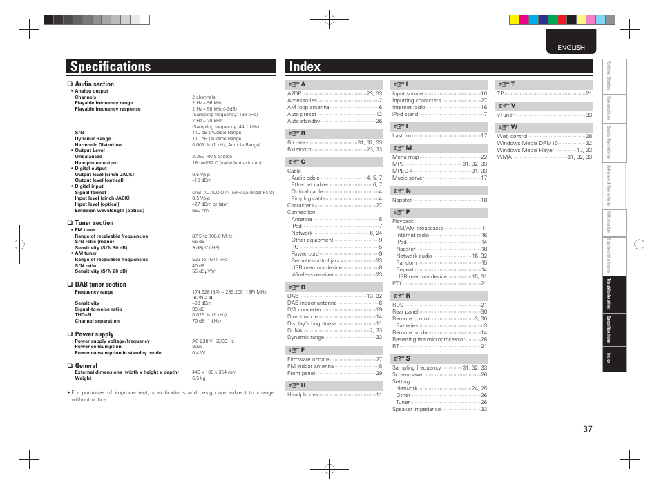 Speciﬁ cations index | Marantz NA7004 User Manual | Page 43 / 46