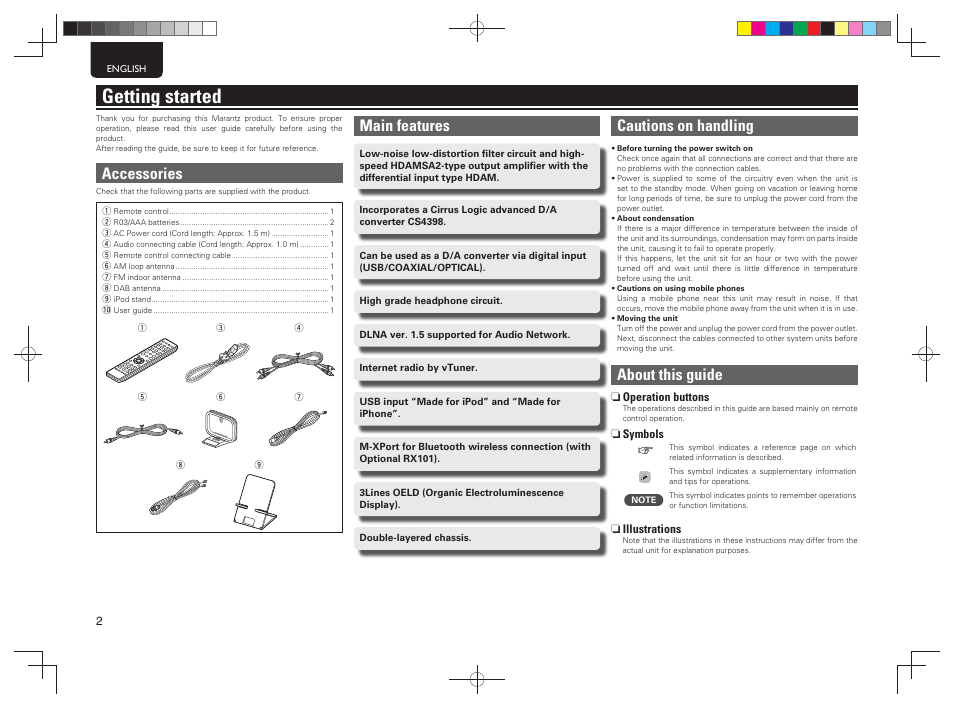 Getting started, Main features, Cautions on handling | About this guide, Accessories | Marantz NA7004 User Manual | Page 8 / 46