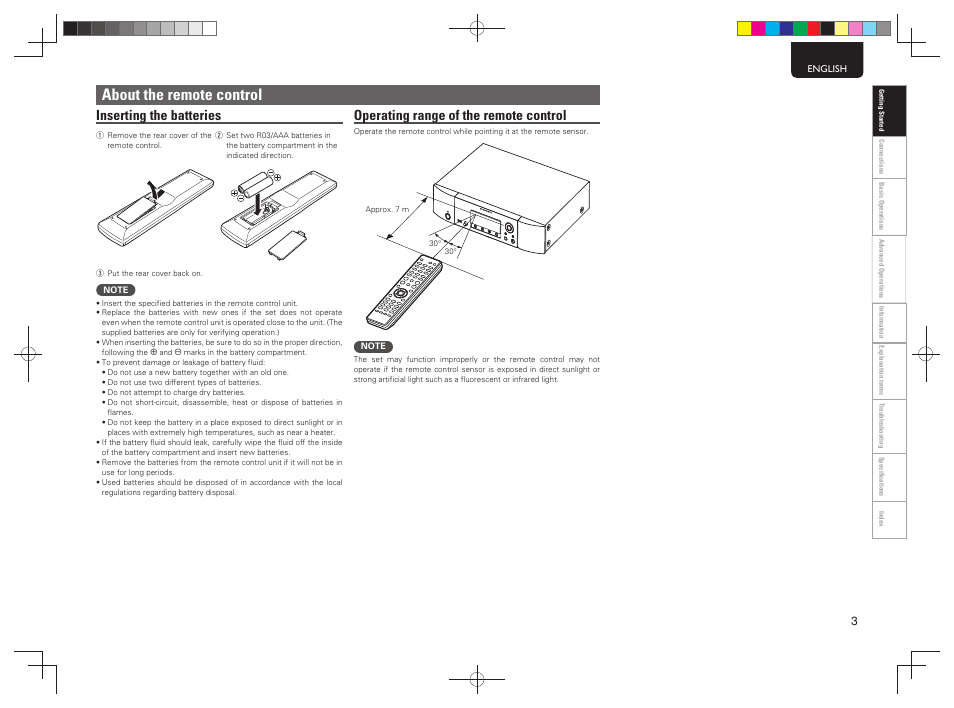 About the remote control, Inserting the batteries, Operating range of the remote control | Marantz NA7004 User Manual | Page 9 / 46