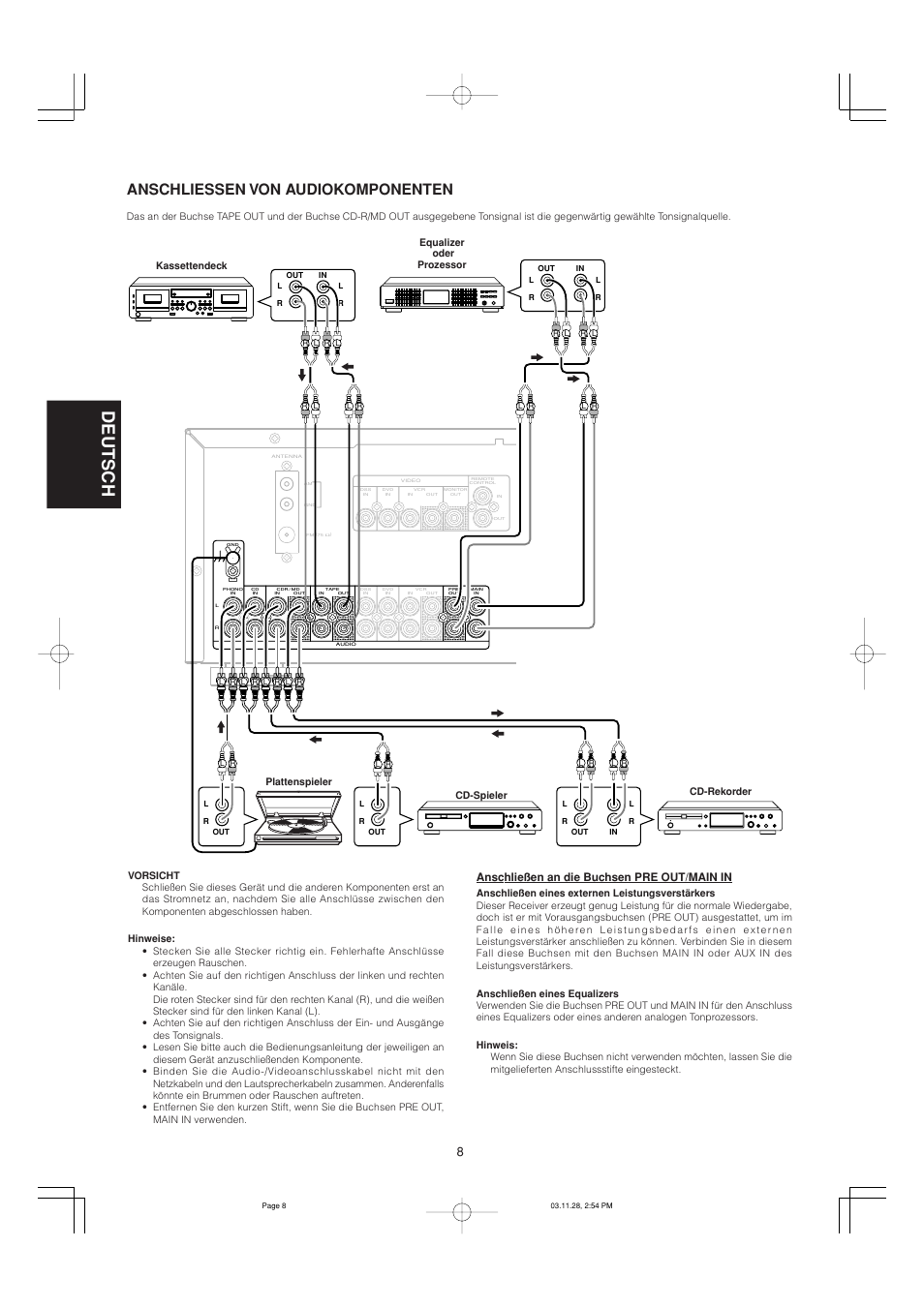 Deutsch, Anschliessen von audiokomponenten, Anschließen an die buchsen pre out/main in | Marantz SR4320N User Manual | Page 50 / 172