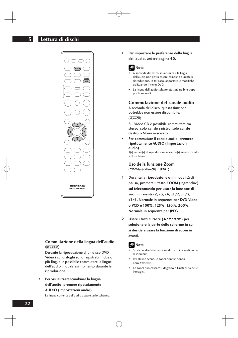 Lettura di dischi 5, 22 commutazione della lingua dell'audio, Commutazione del canale audio | Uso della funzione zoom | Marantz DV4001N User Manual | Page 176 / 358