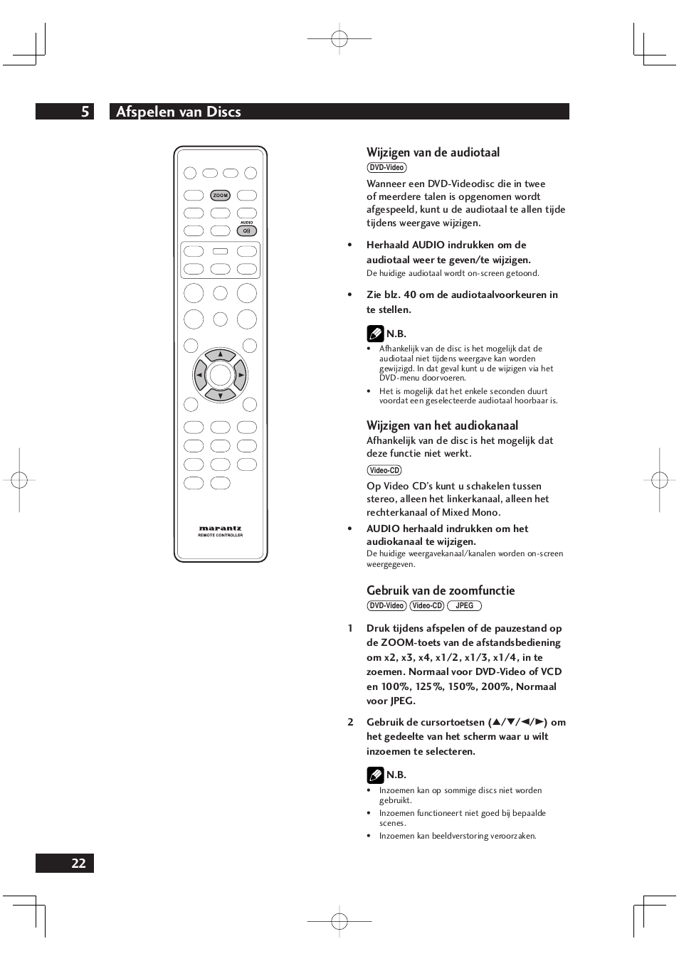 Afspelen van discs 5, 22 wijzigen van de audiotaal, Wijzigen van het audiokanaal | Gebruik van de zoomfunctie | Marantz DV4001N User Manual | Page 226 / 358