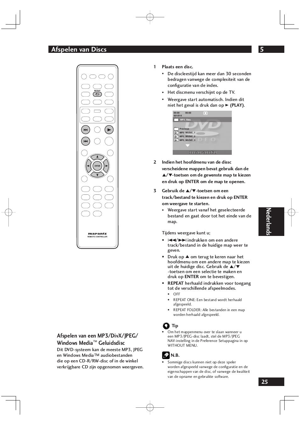 5afspelen van discs, Nederlands, Afspelen van een mp3/divx/jpeg/ windows media | Geluidsdisc | Marantz DV4001N User Manual | Page 229 / 358