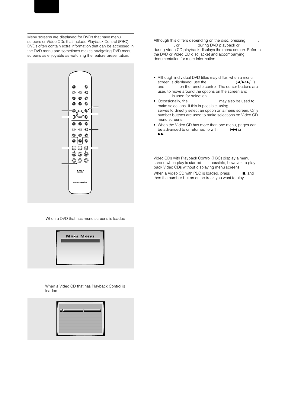 When a menu screen is displayed, English, Cursor / enter menu top menu | Number buttons next prev. return stop | Marantz DV-17 User Manual | Page 18 / 52