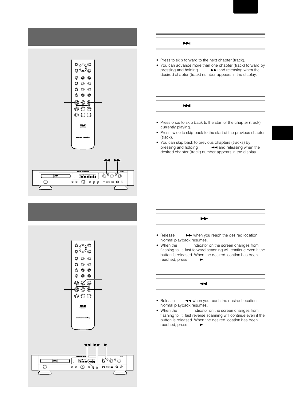 Chapter (track) skip forward/ skip back, Forward and reverse scanning, Advancing to the next chapter (track) | Skipping back to the previous chapter (track), Fast forward scanning, Fast reverse scanning, English | Marantz DV-17 User Manual | Page 19 / 52