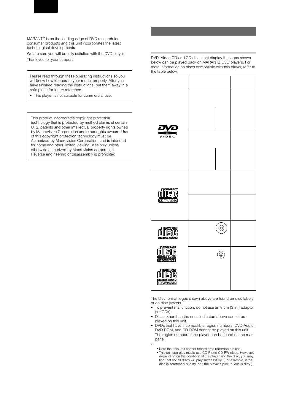 Features of this player, Compatible with dvd, video cd and cd formats, English | Marantz DV-17 User Manual | Page 2 / 52