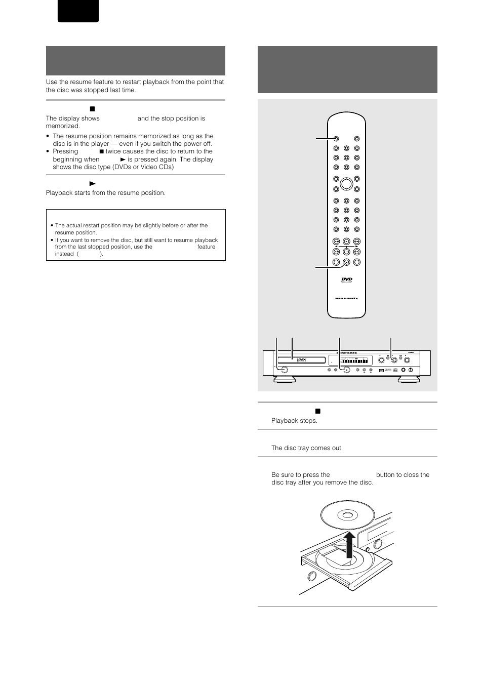 Stopping playback and switching power off, Resuming playback from where you stopped, Dvd vcd cd | English | Marantz DV-17 User Manual | Page 20 / 52