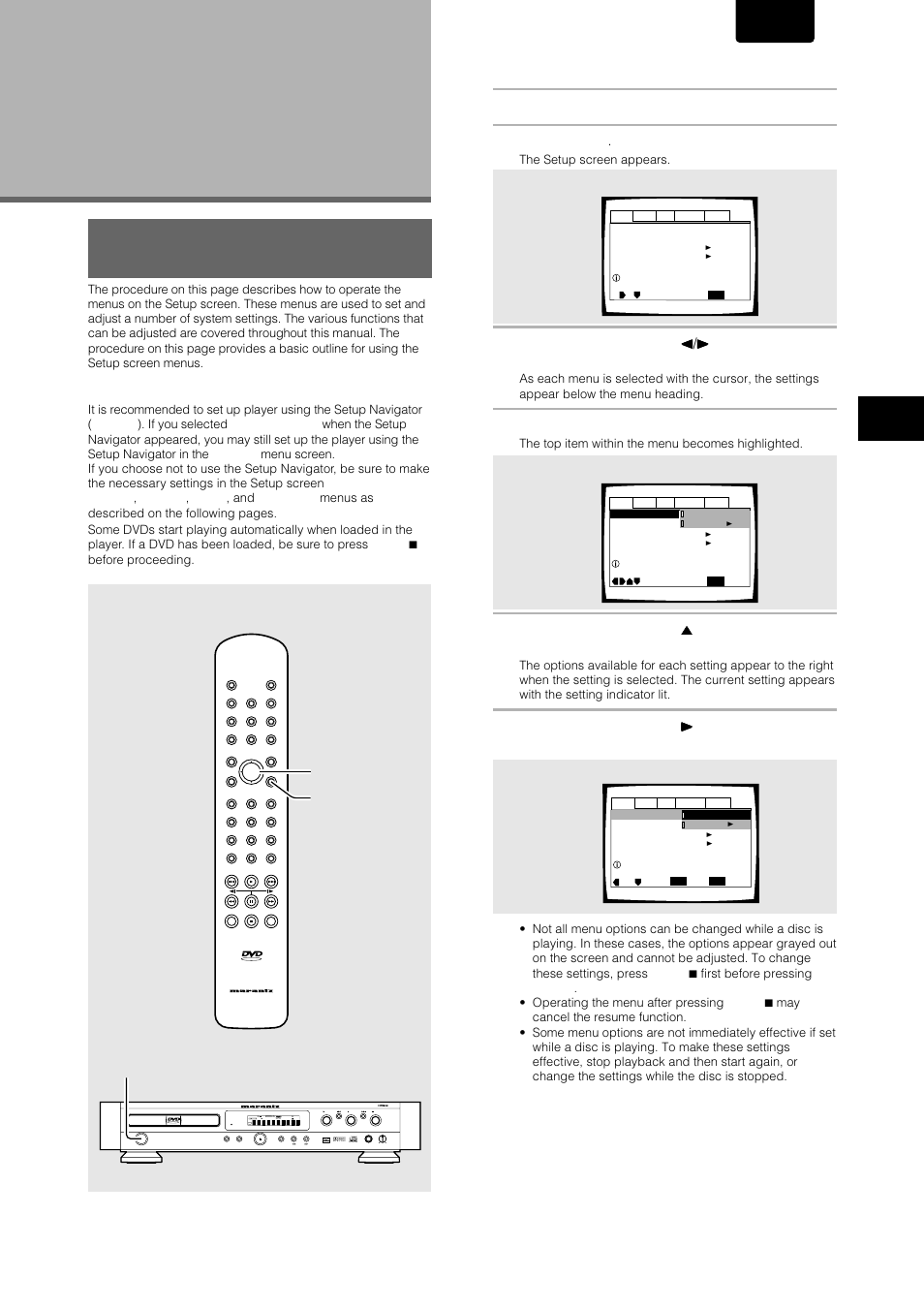 Adjusting audio and video settings, Using the setup screen menus, English | Marantz DV-17 User Manual | Page 21 / 52