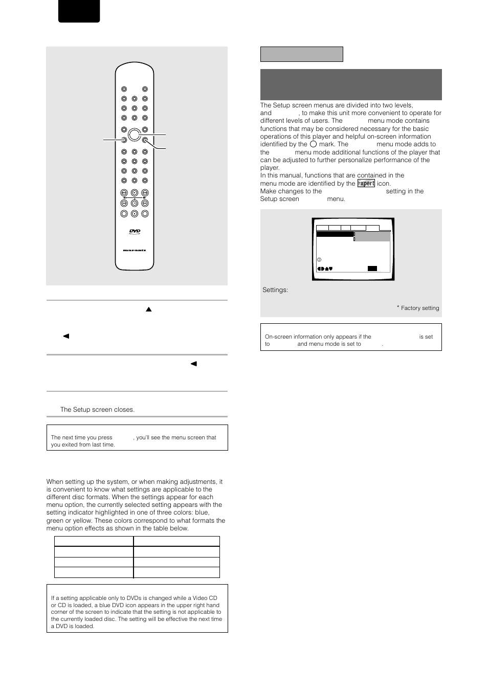 Changing to the setup screen “expert” menu mode, Important, English | Marantz DV-17 User Manual | Page 22 / 52