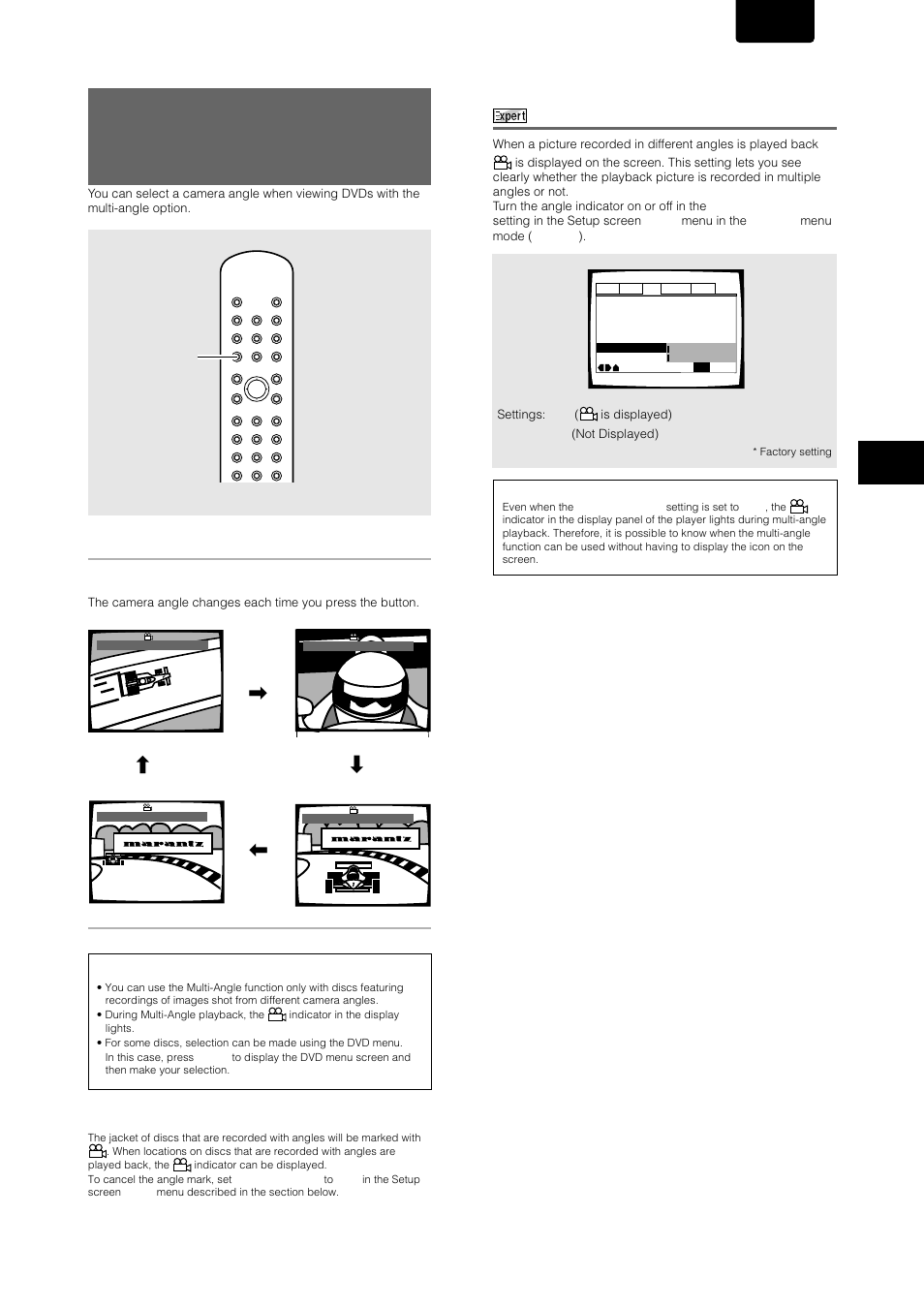 Viewing from a desired camera angle (multi-angle), Turning the angle indicator on and off, English | Adjusting audio and video settings, Press angle during playback, Angle | Marantz DV-17 User Manual | Page 27 / 52