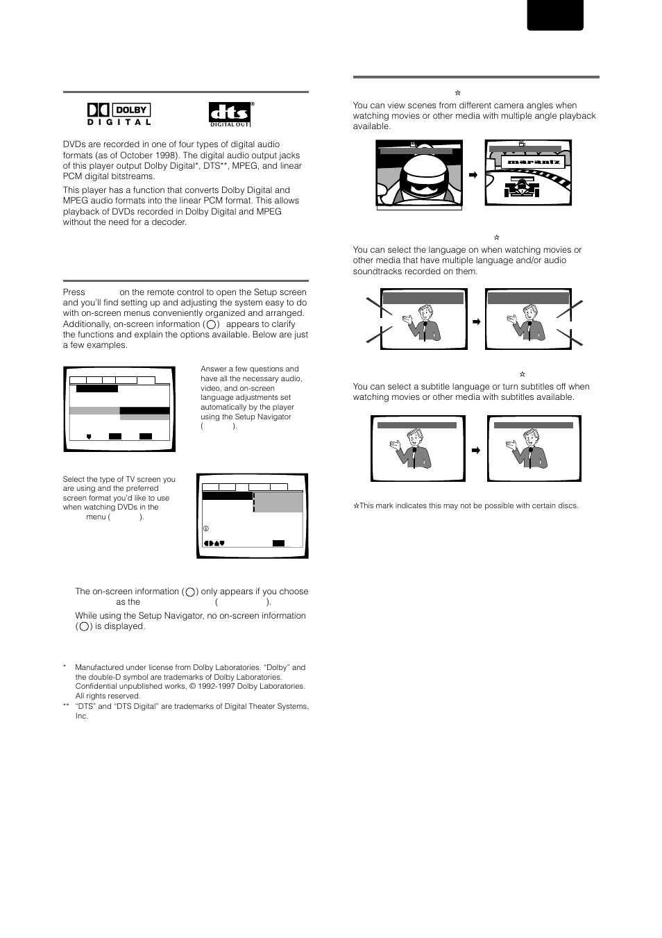 Wide range of dvd viewing options, Easy setup and adjustment using on- screen menus, English | Multi-angle (page 27), Multiple languages (page 29), Multi-language subtitles (page 30) | Marantz DV-17 User Manual | Page 3 / 52