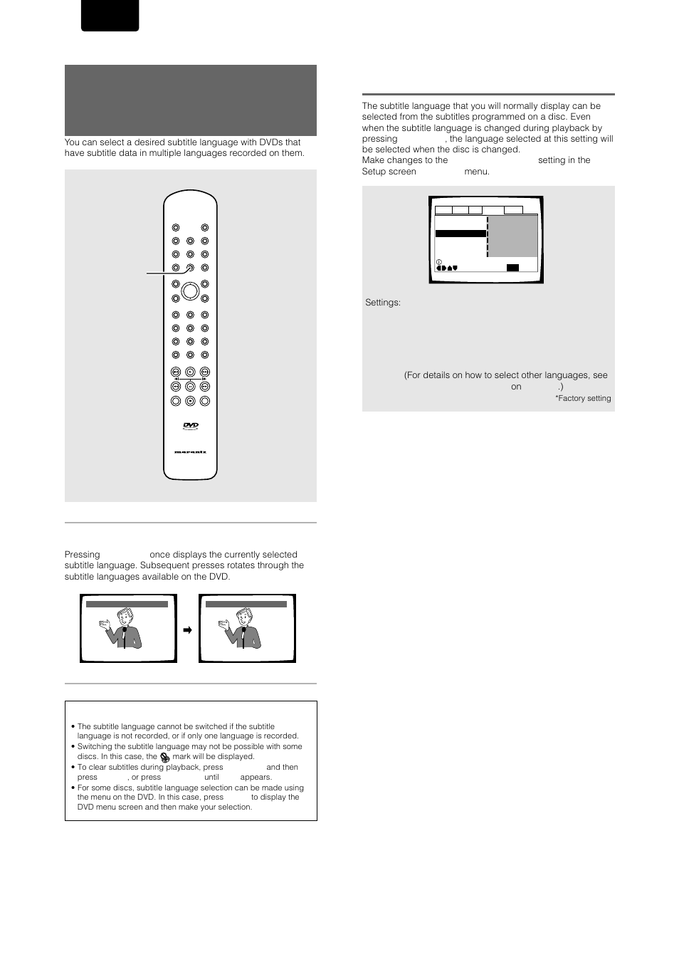 Selecting a subtitle language preference, English, Press subtitle repeatedly during playback | Subtitle, When “other” is selected, On page 31 .) | Marantz DV-17 User Manual | Page 30 / 52