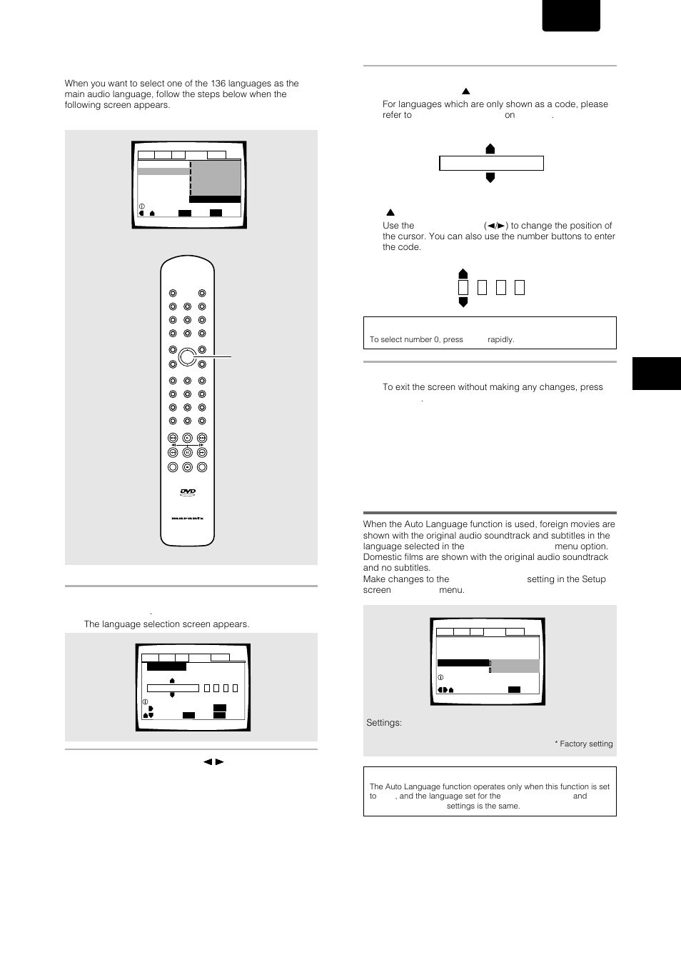 English, Ja: japanese list of languages, Setting the language options | When “other” is selected, Press enter to set the new language | Marantz DV-17 User Manual | Page 31 / 52