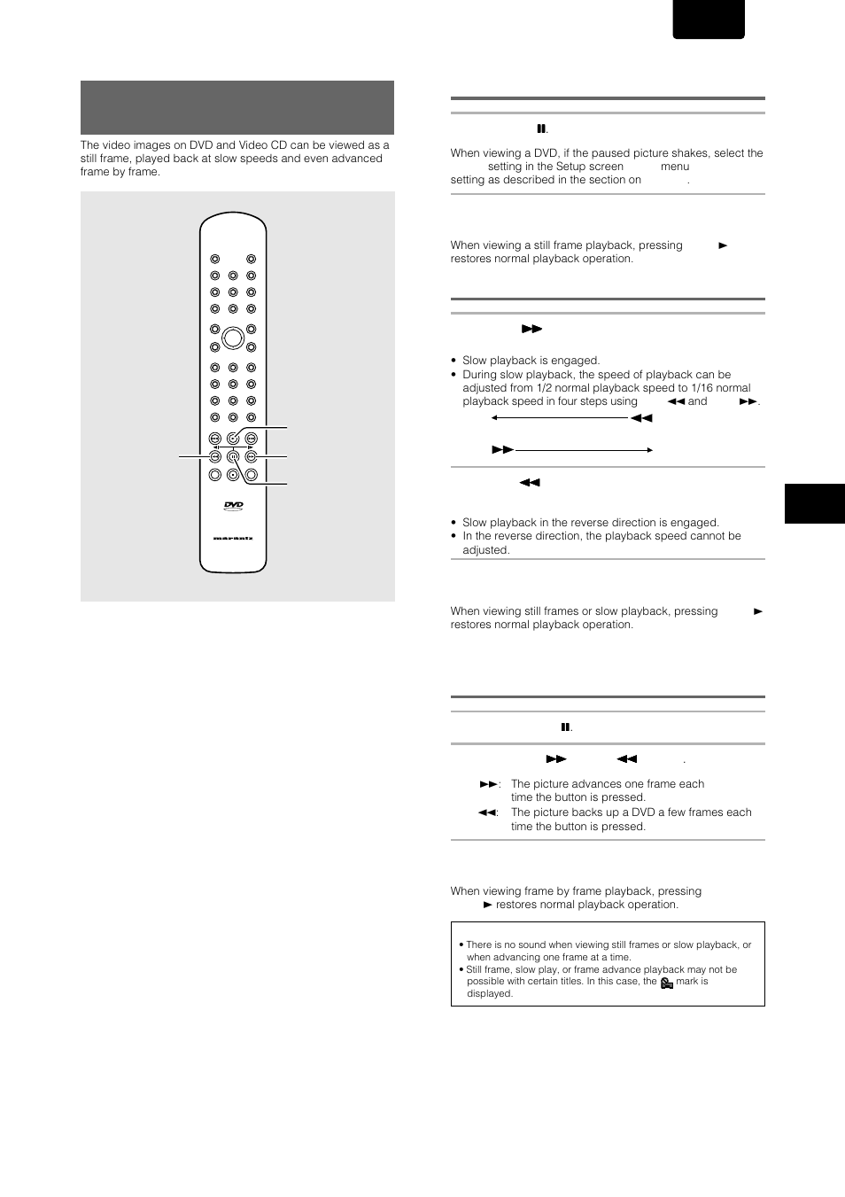 Still frame/slow play/frame advance playback, Viewing a still frame, Viewing slow playback | English | Marantz DV-17 User Manual | Page 35 / 52