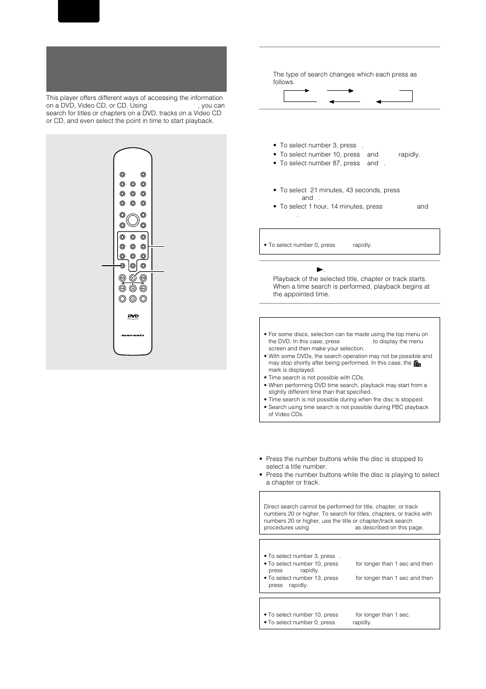 English, Dvd/video cd/cd, Press t/c repeatedly to select the type of search | Marantz DV-17 User Manual | Page 36 / 52