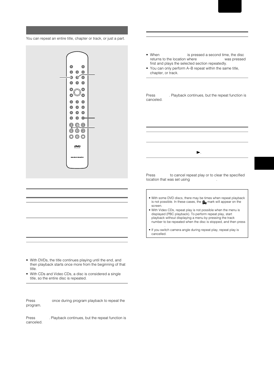 Repeat play, Repeat play of a chapter/track, Repeat play of a title | Return to a specified location on a disc, English, Adv anced functions, Dvd/video cd/cd, Press (repeat) a–b at the desired location, Repeat (repeat) a-b, Clear play | Marantz DV-17 User Manual | Page 37 / 52