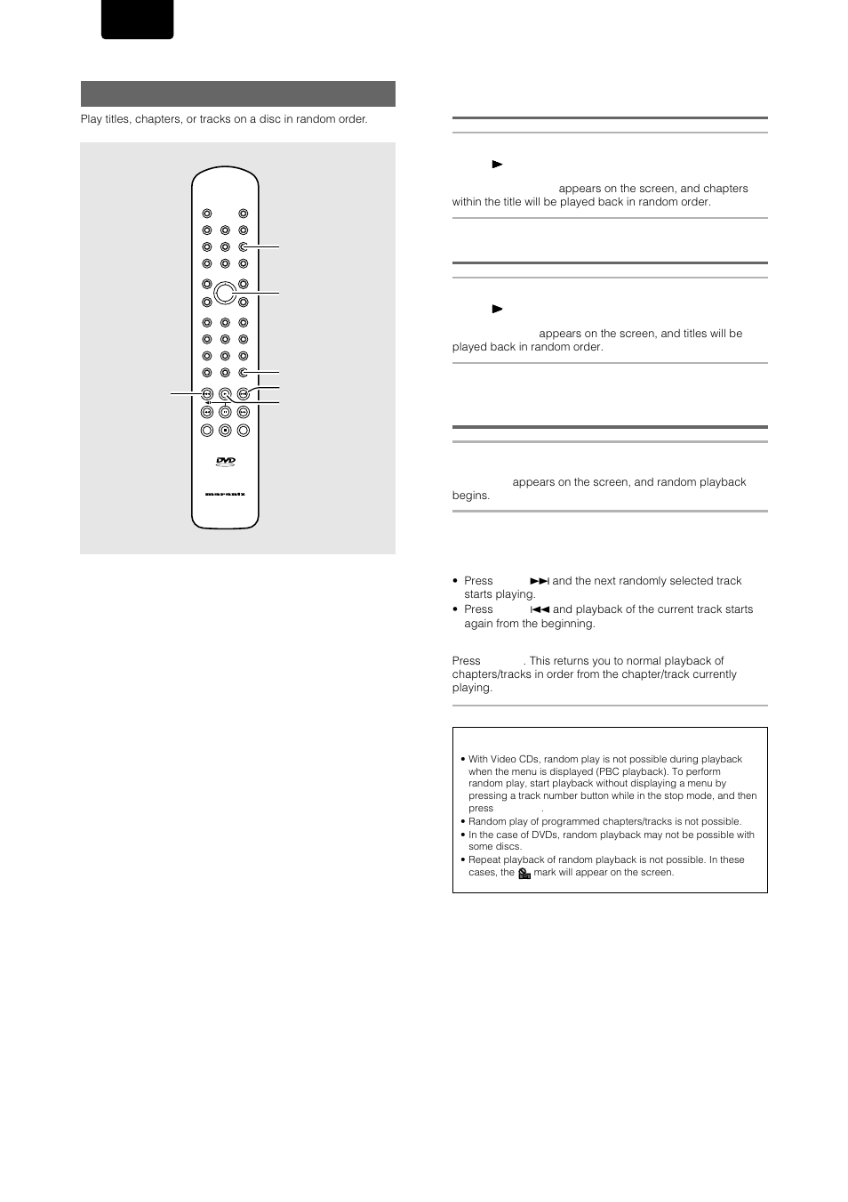 Random play, Random playback of chapters within one title, Random playback of titles - dvd | Random playback of tracks, English, Video cd/cd press random, Dvd/video cd/cd, Enter, Next prev. clear random play | Marantz DV-17 User Manual | Page 38 / 52