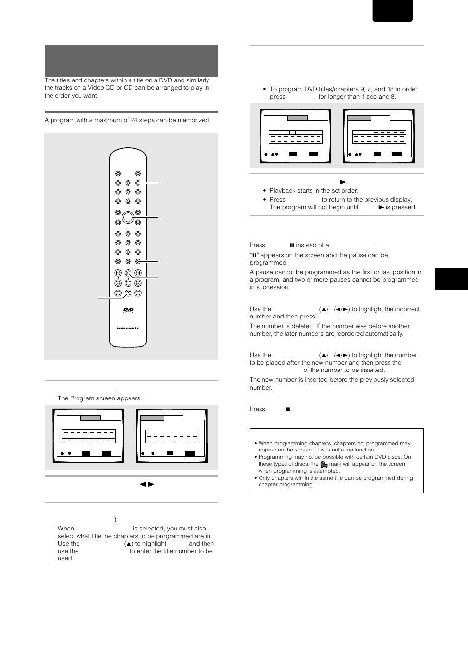 Playback in a desired order (program play), Programming dvds, English | Adv anced functions, Press program, Dvd/video cd/cd, Stop clear | Marantz DV-17 User Manual | Page 39 / 52