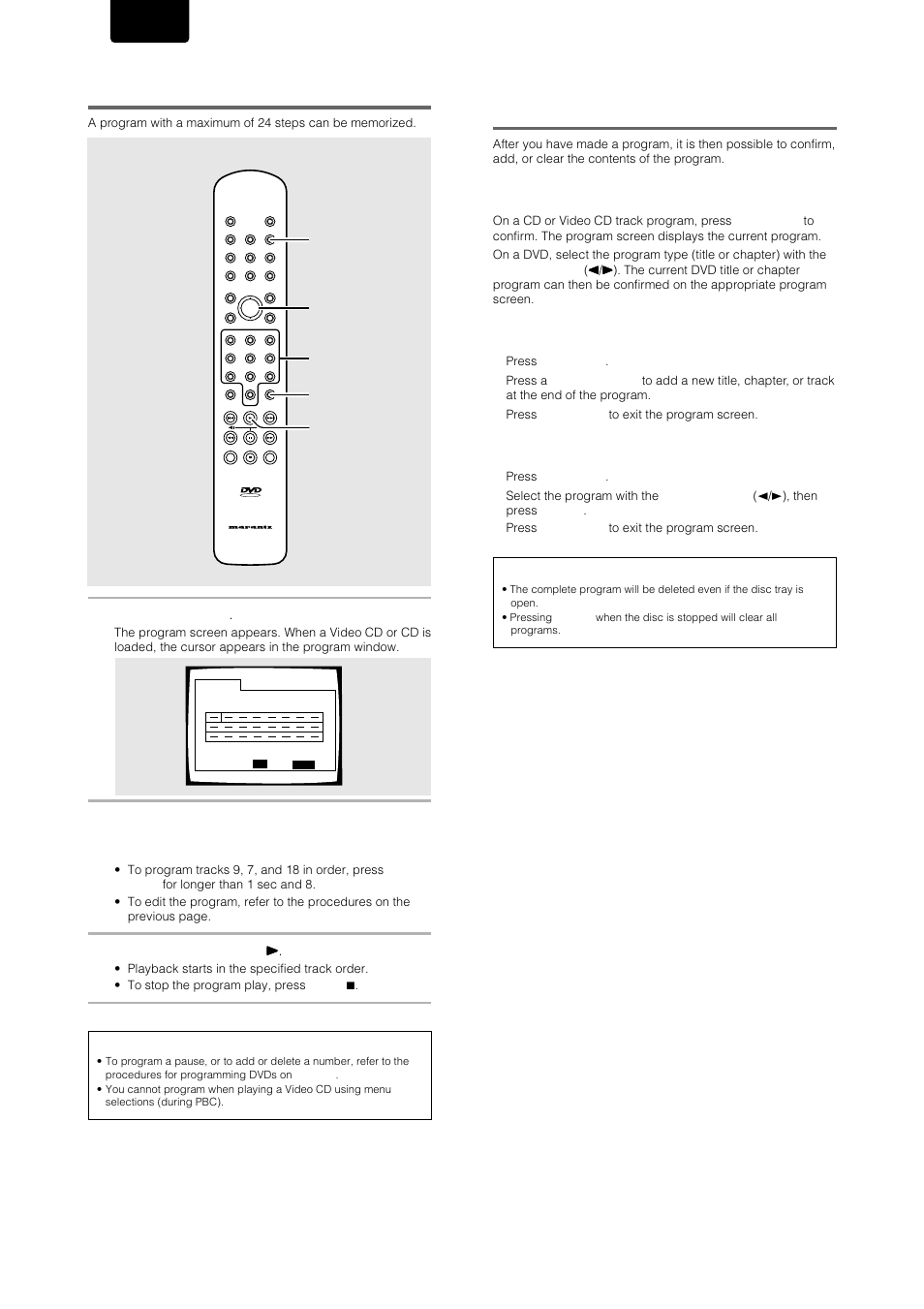 Additional programming options, Programming video cds, cds, English | Press program, Dvd/video cd/cd, Cursor, Clear | Marantz DV-17 User Manual | Page 40 / 52