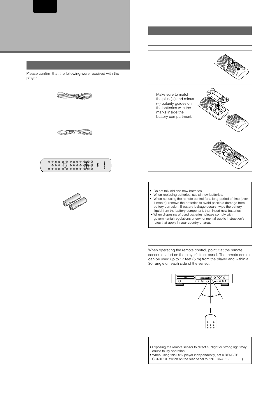 Before using, Preparing the remote control, Checking accessories | Inserting batteries into the remote control, Remote control operation, English, Dimmer repeat, Program, Random a-b, Remove the battery cover | Marantz DV-17 User Manual | Page 6 / 52