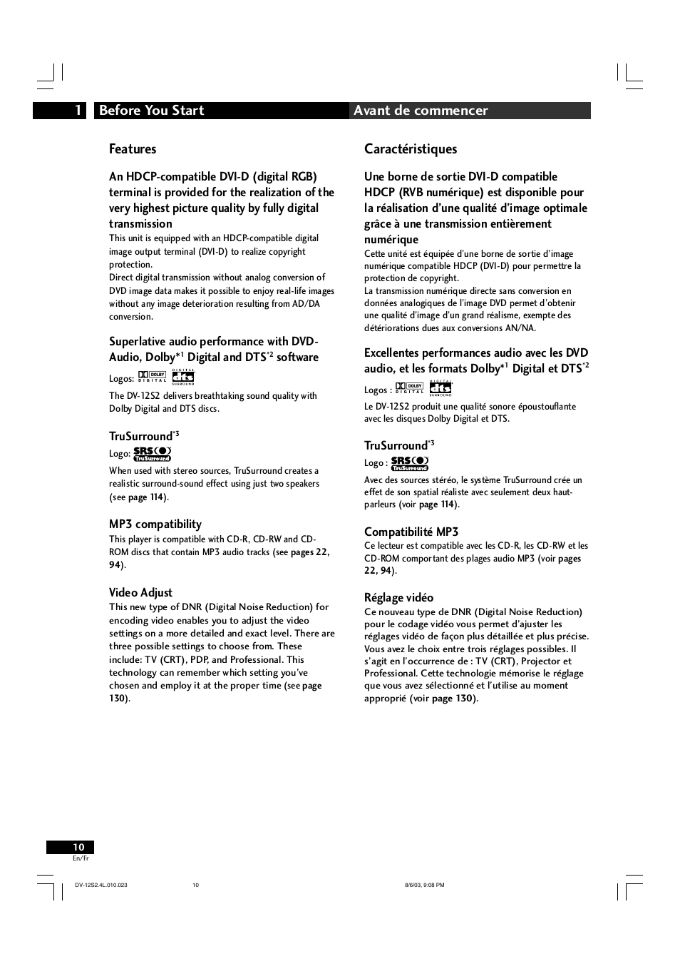 Before you start 1 avant de commencer, Caractéristiques, Features | Marantz DV-12S2 User Manual | Page 10 / 188