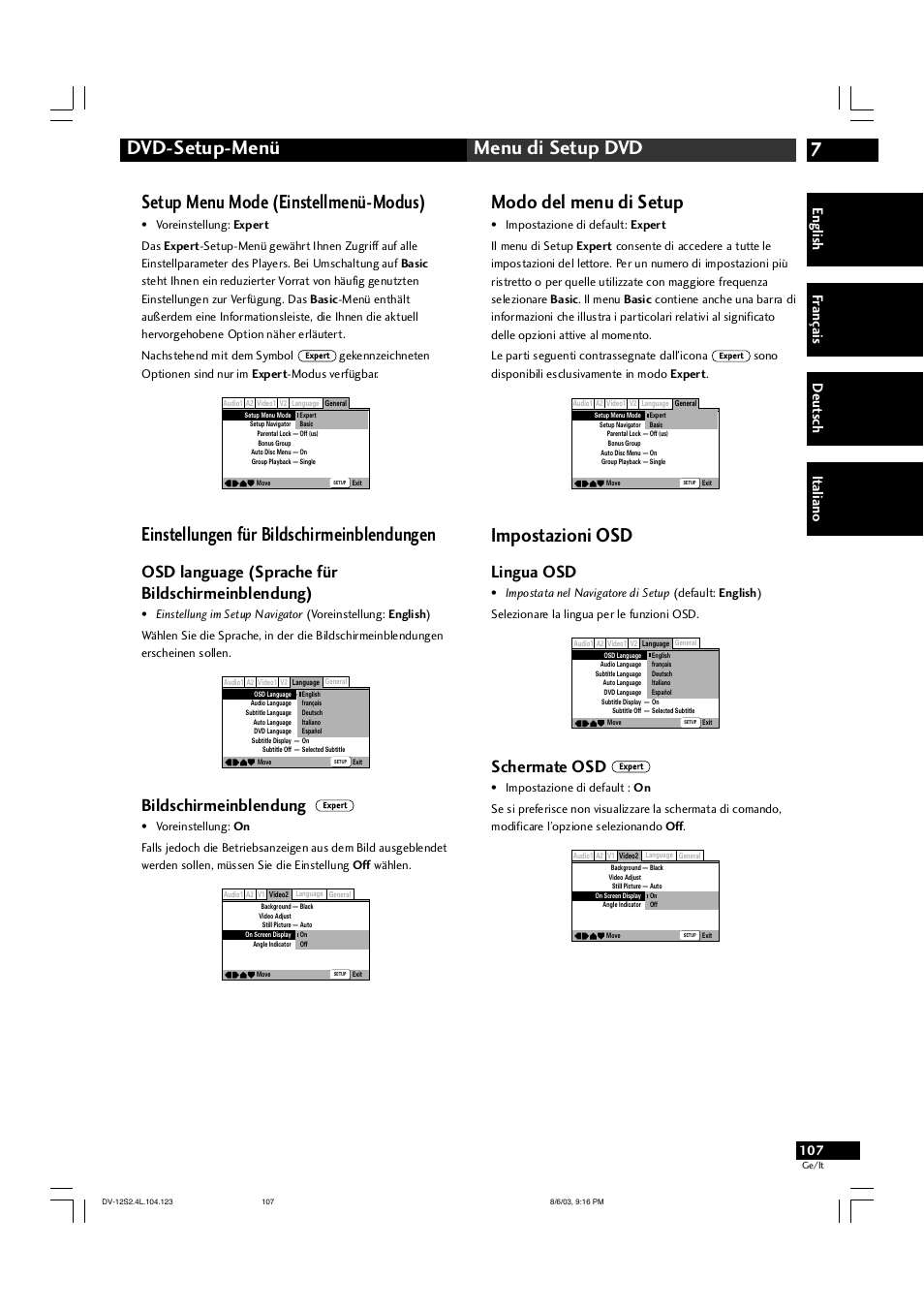 7dvd-setup-menü menu di setup dvd, Setup menu mode (einstellmenü-modus), Einstellungen für bildschirmeinblendungen | Modo del menu di setup, Impostazioni osd, Osd language (sprache für bildschirmeinblendung), Bildschirmeinblendung, Lingua osd, Schermate osd, English fr ançais deut sch it aliano | Marantz DV-12S2 User Manual | Page 107 / 188