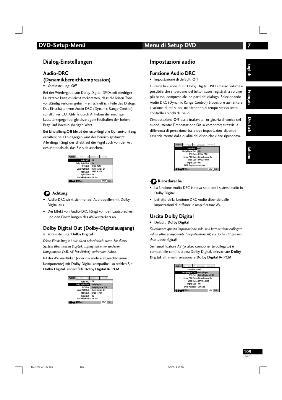 7dvd-setup-menü menu di setup dvd, Dialog-einstellungen, Impostazioni audio | Audio-drc (dynamikbereichkompression), Dolby digital out (dolby-digitalausgang), Funzione audio drc, Uscita dolby digital, English fr ançais deut sch it aliano, Achtung, Ricordareche | Marantz DV-12S2 User Manual | Page 109 / 188