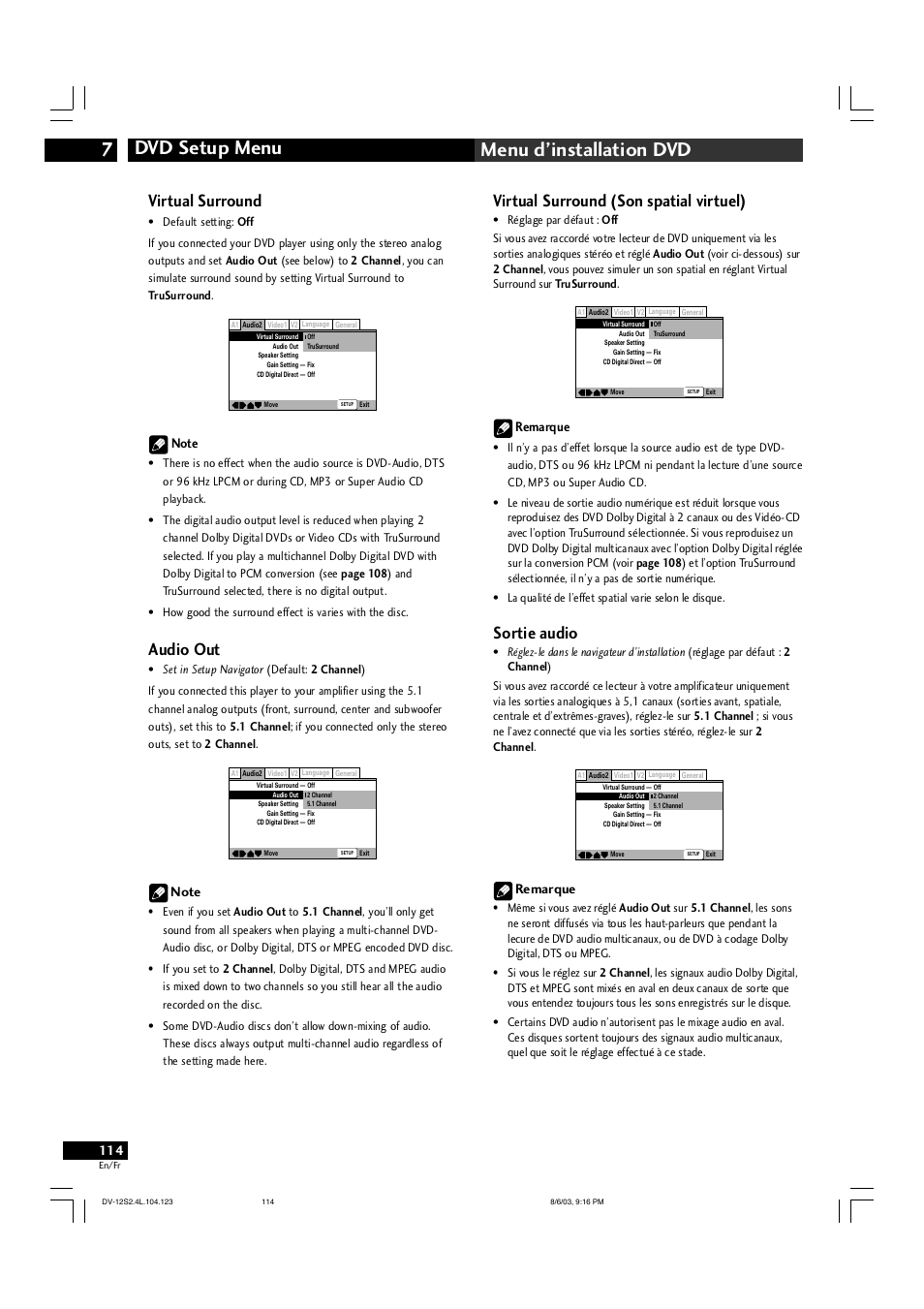 Dvd setup menu 7 menu d’installation dvd, Virtual surround (son spatial virtuel), Sortie audio | Virtual surround, Audio out, Remarque | Marantz DV-12S2 User Manual | Page 114 / 188