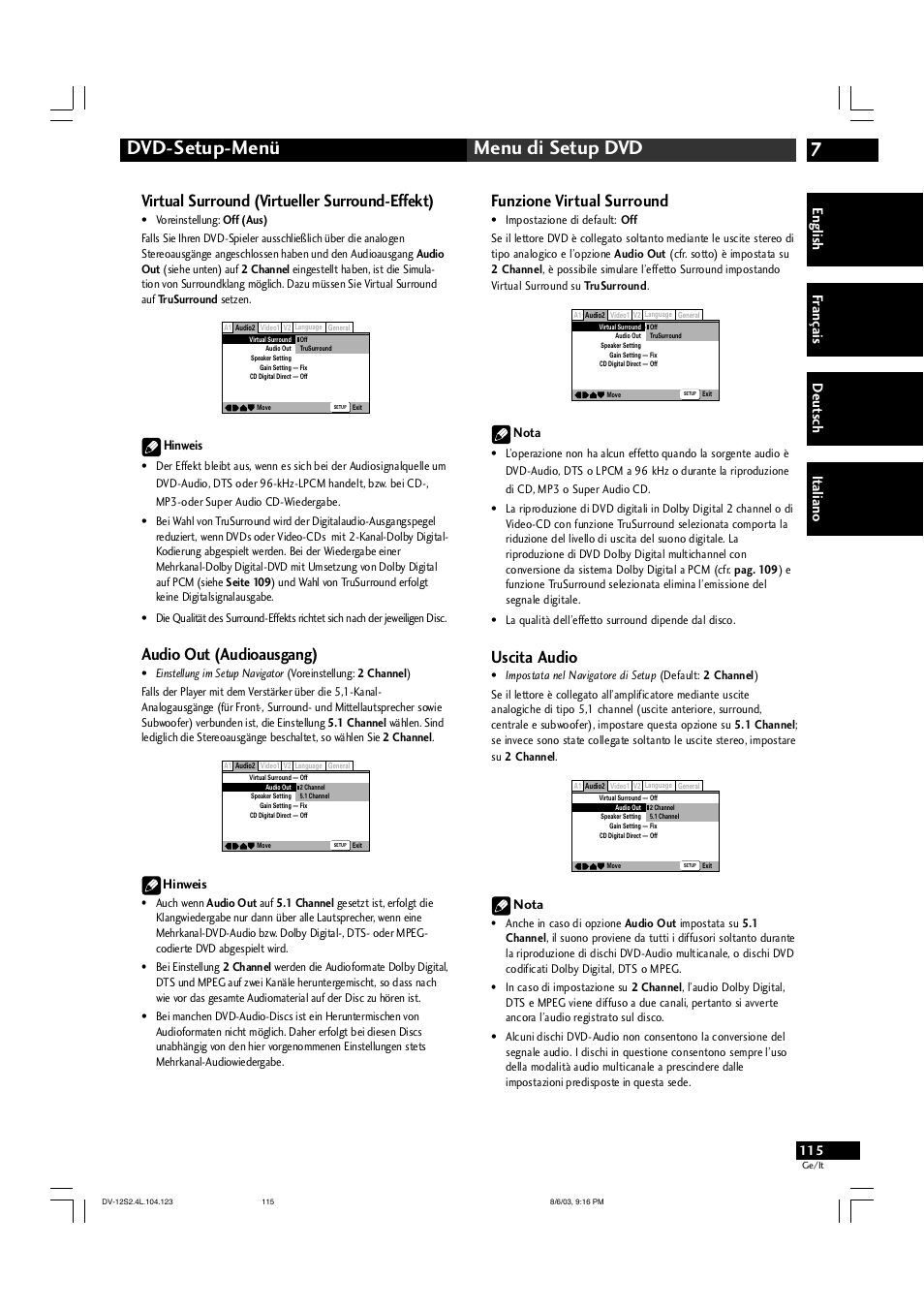 7dvd-setup-menü menu di setup dvd, Virtual surround (virtueller surround-effekt), Audio out (audioausgang) | Funzione virtual surround, Uscita audio, English fr ançais deut sch it aliano, Hinweis, Nota | Marantz DV-12S2 User Manual | Page 115 / 188