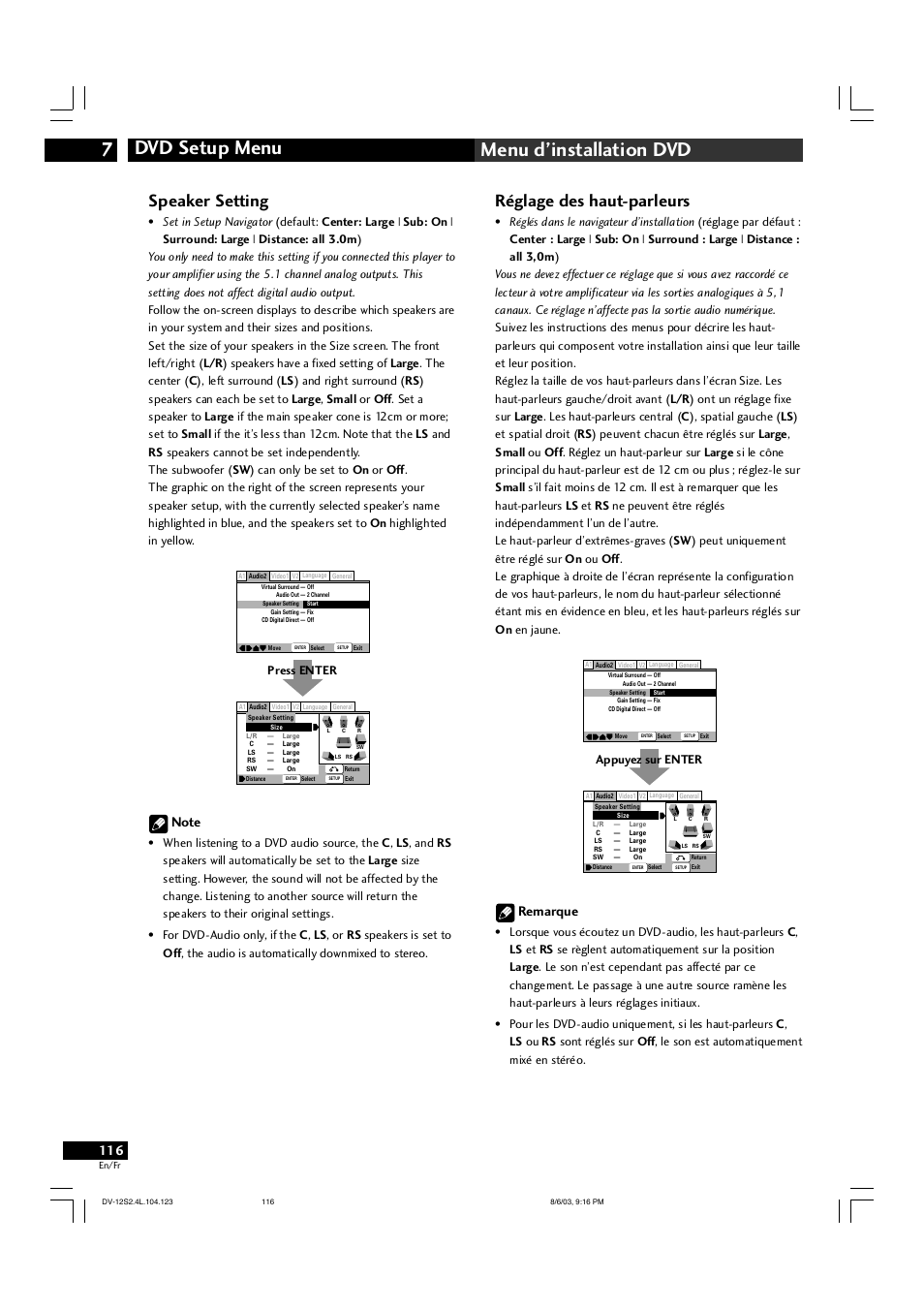 Dvd setup menu 7 menu d’installation dvd, Réglage des haut-parleurs, Speaker setting | Remarque | Marantz DV-12S2 User Manual | Page 116 / 188