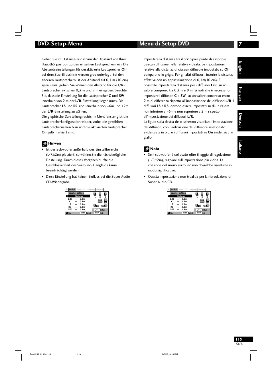 7dvd-setup-menü menu di setup dvd, English fr ançais deut sch it aliano, Nota | Hinweis | Marantz DV-12S2 User Manual | Page 119 / 188