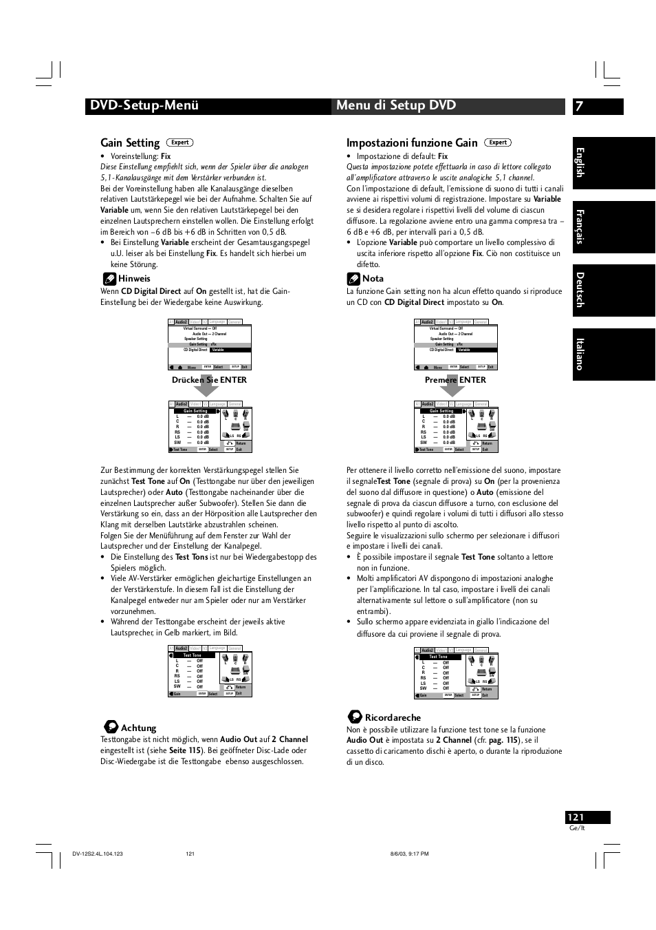 7dvd-setup-menü menu di setup dvd, Gain setting, Impostazioni funzione gain | English fr ançais deut sch it aliano, Hinweis, Achtung, Nota, Ricordareche | Marantz DV-12S2 User Manual | Page 121 / 188