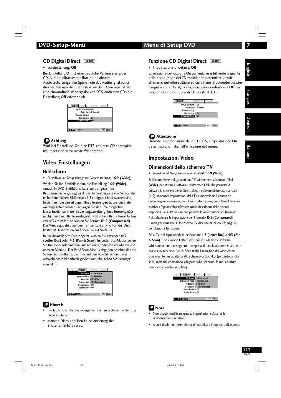 7dvd-setup-menü menu di setup dvd, Video-einstellungen, Impostazioni video | Cd digital direct, Bildschirm, Funzione cd digital direct, Dimensioni dello schermo tv, English fr ançais deut sch it aliano, Achtung, Hinweis | Marantz DV-12S2 User Manual | Page 123 / 188