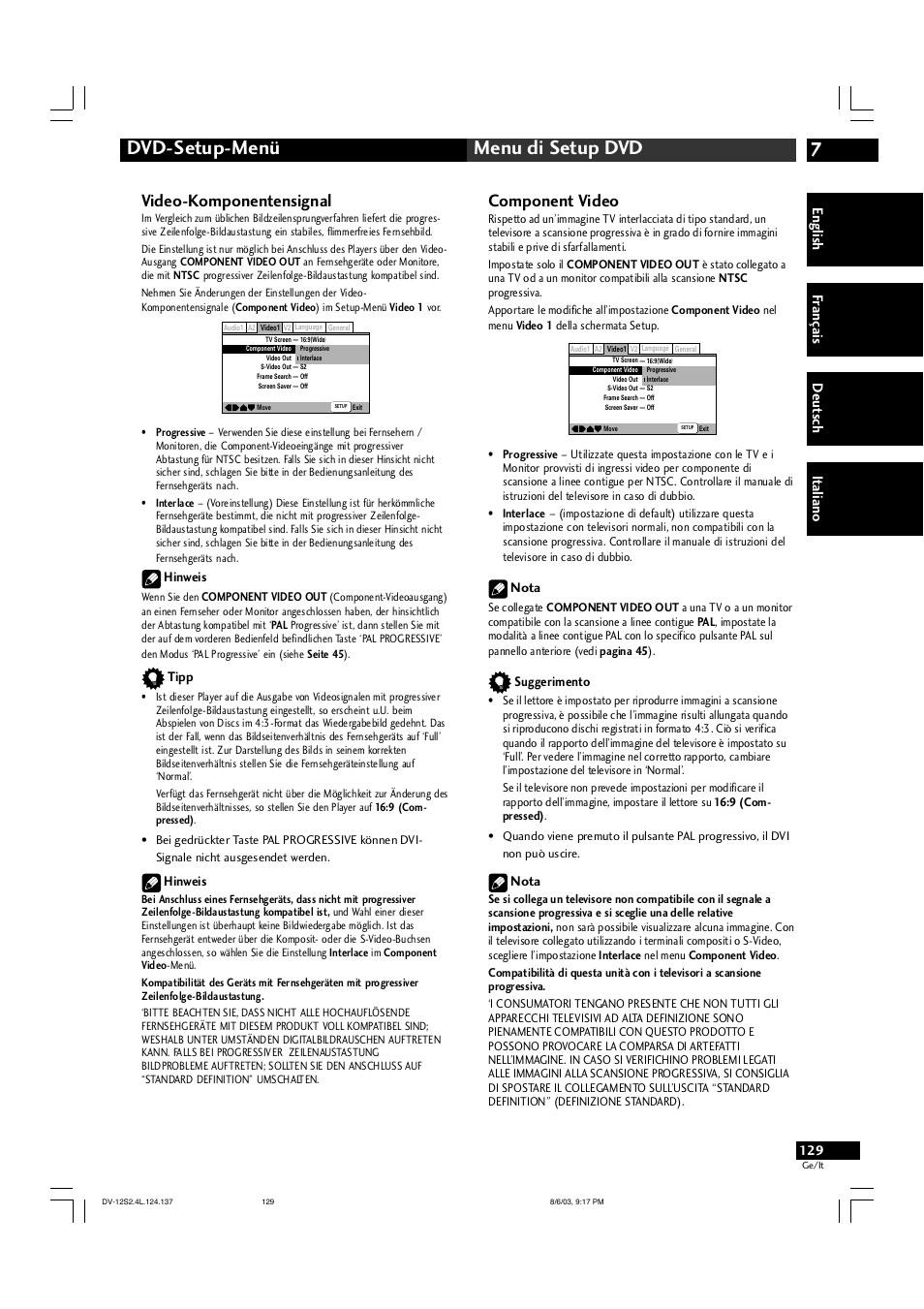 7dvd-setup-menü menu di setup dvd, Video-komponentensignal, Component video | English fr ançais deut sch it aliano | Marantz DV-12S2 User Manual | Page 129 / 188