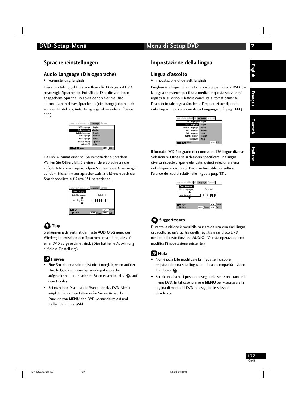 7dvd-setup-menü menu di setup dvd, Spracheneinstellungen, Impostazione della lingua | Audio language (dialogsprache), Lingua d’ascolto, English fr ançais deut sch it aliano, Tipp, Hinweis, Suggerimento, Nota | Marantz DV-12S2 User Manual | Page 137 / 188