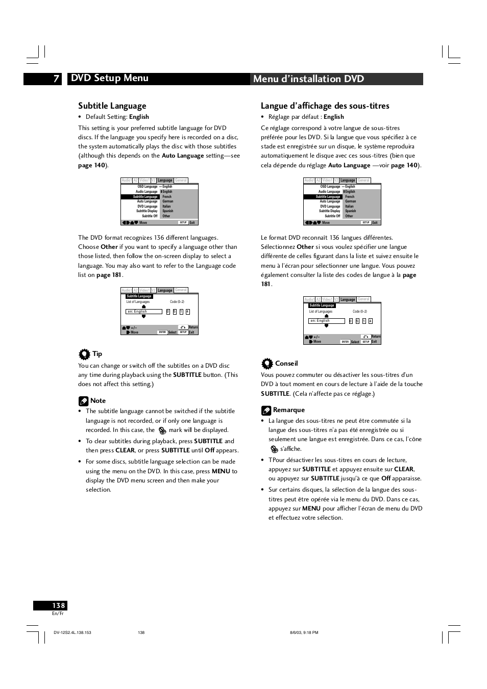 Dvd setup menu 7 menu d’installation dvd, Subtitle language, Langue d’affichage des sous-titres | Conseil, Remarque | Marantz DV-12S2 User Manual | Page 138 / 188