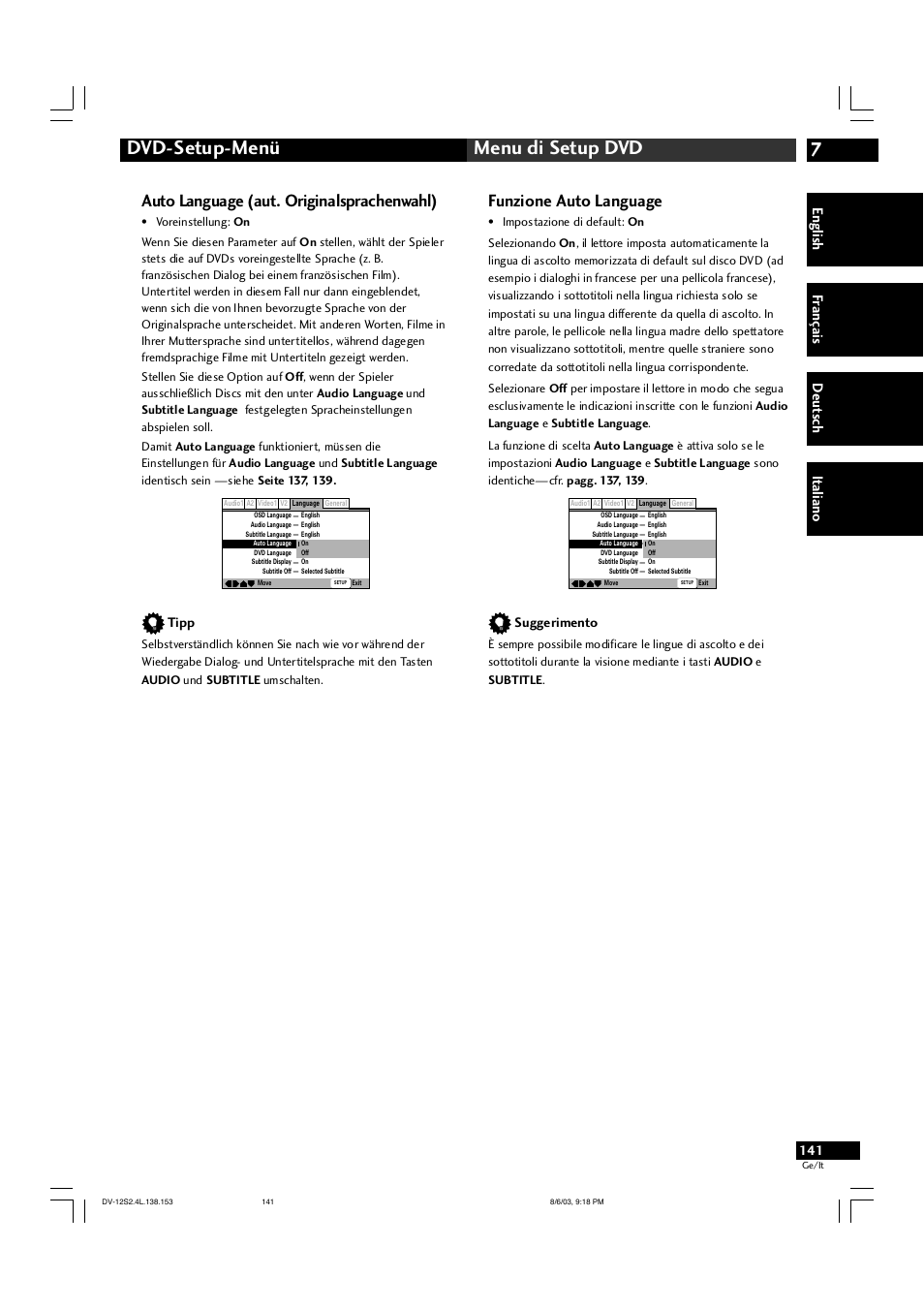 7dvd-setup-menü menu di setup dvd, Auto language (aut. originalsprachenwahl), Funzione auto language | English fr ançais deut sch it aliano, Tipp, Suggerimento | Marantz DV-12S2 User Manual | Page 141 / 188