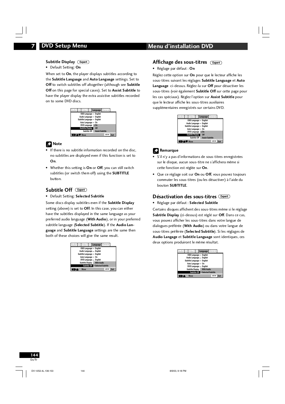 Dvd setup menu 7 menu d’installation dvd, Subtitle off, Affichage des sous-titres | Désactivation des sous-titres, Subtitle display, Remarque | Marantz DV-12S2 User Manual | Page 144 / 188